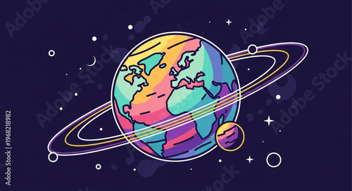 Slika na platnu Colorful Planet Earth with Rings in Outer Space.