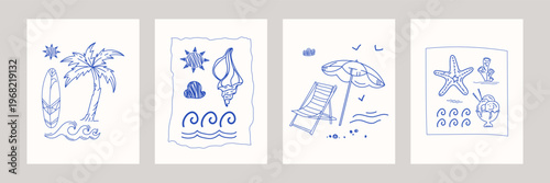 Minimal beach cards posters cover templates set with simple line art drawings of palm tree, surfboard, seashell, sun umbrella, deck chair, and ocean elements summer sketches for prints and web. Vector