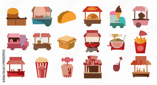 Playful cartoon street food kiosk icon set with fast food stalls, carts, and snack vendors