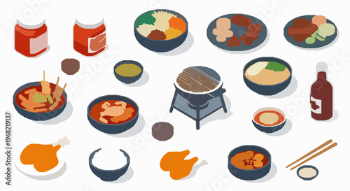 Detailed isometric Korean cuisine icon set with kimchi, BBQ grill, ramen, and traditional dishes