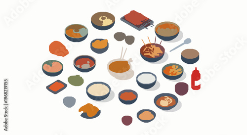 Modern isometric Korean cuisine icons collection with kimchi, ramen, and Korean BBQ dishes