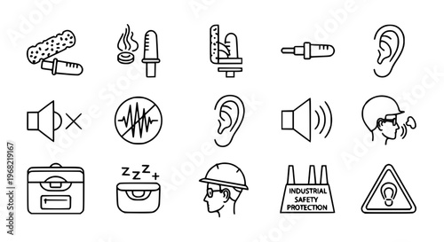 Minimal earplugs outline icon set with hearing protection, noise reduction, and safety symbols