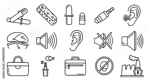 Detailed earplugs outline icon set with hearing protection, noise blocking, and safety illustrations