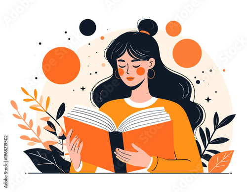 Young woman engrossed in reading an open book surrounded by abstract shapes and foliage