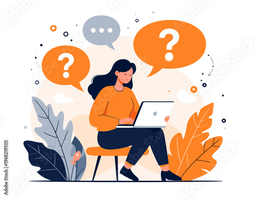 Woman with laptop asking questions in online chat or support forum