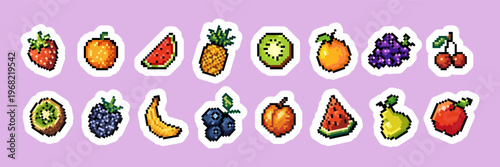 Fruits sticker set in retro pixel art 8 bit style with colorful fruits white outline cute food illustration for stickers apps social media packaging scrapbooking, digital design.Vector Summer design