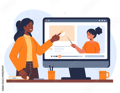 Diverse teacher and student engage in online learning session on a computer screen