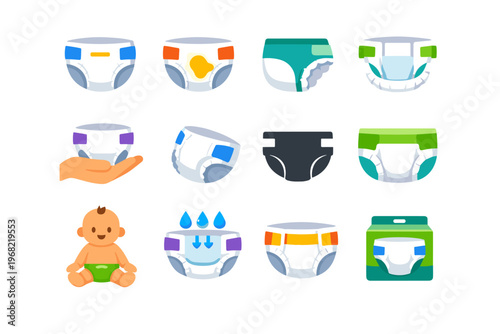 Collection of baby diapers and related icons for hygiene and care
