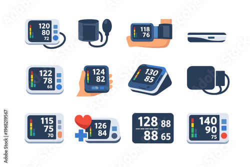 Collection of digital blood pressure monitors displaying readings and health icons