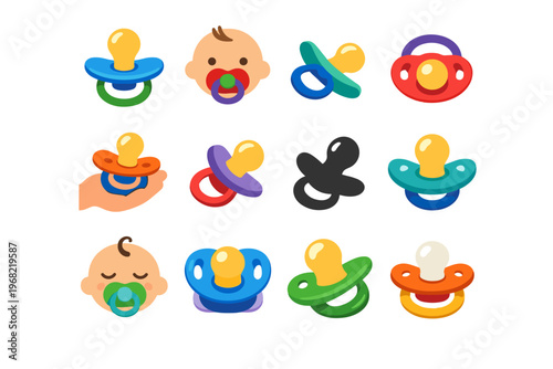 Collection of colorful pacifiers and a baby's face with a pacifier