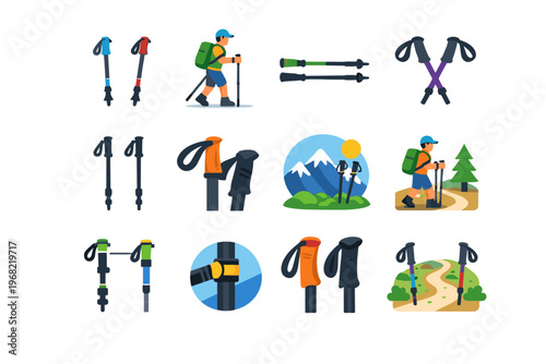 Collection of hiking and trekking poles with diverse designs and outdoor scenes