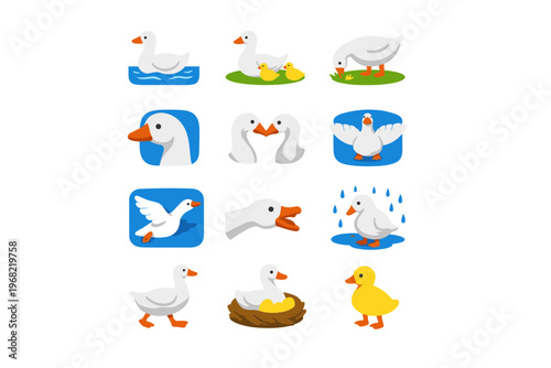 Collection of cute cartoon geese and ducklings in various poses and activities