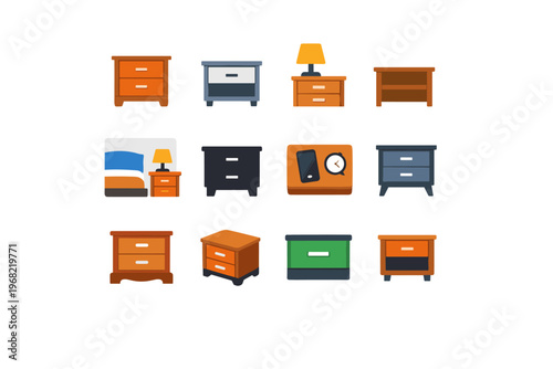 Collection of diverse nightstand and bedside table icons in a flat design style