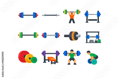 Collection of colorful weightlifting equipment and fitness icons for gym workouts