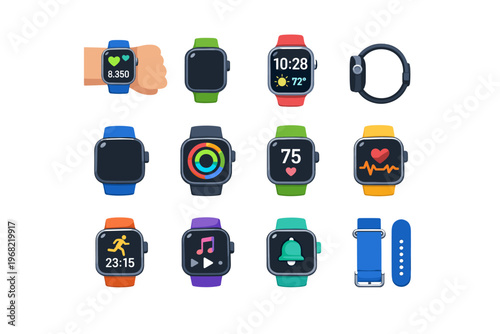 Collection of modern smartwatches displaying various app icons and health metrics