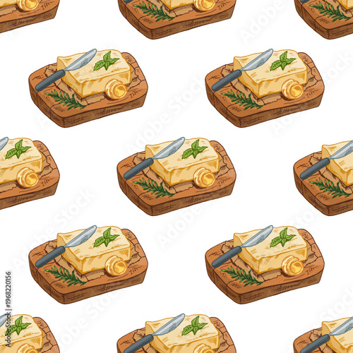 Hand drawn vintage seamless pattern of butter with knife on wooden board with herbs detailed dairy illustration
