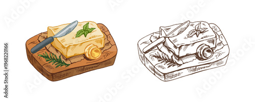 Hand drawn vintage sketch of butter with knife on wooden board with herbs colored and monochrome illustration set