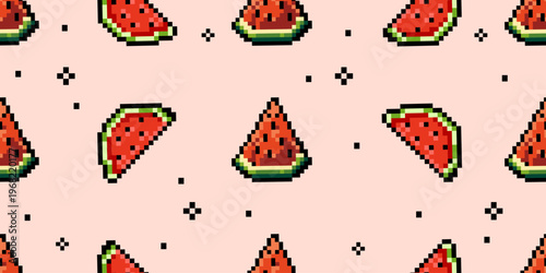 Pixel art watermelon seamless pattern in retro 8 bit style with repeating fruit slices playful summer illustration for textiles packaging wallpapers gaming design and digital backgrounds.Vector