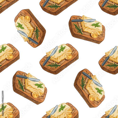 Hand drawn vintage seamless pattern of butter with knife on wooden board with herbs detailed dairy illustration
