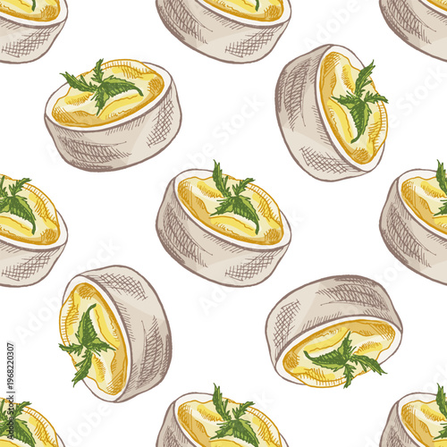 Hand drawn vintage seamless pattern of butter in bowl with herbs detailed dairy food illustration for packaging design