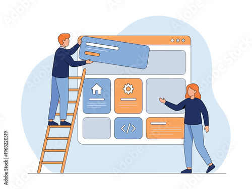 Two people collaborating on building a website interface on a large screen