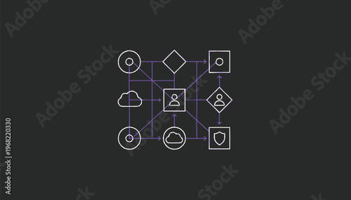 Abstract Digital Network with Connected Icons and Symbols.