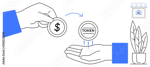 E-commerce, online transactions, digital tokens, cryptocurrency trade, financial exchange, modern payment methods. A hand exchanging a dollar coin for a token. E-commerce and online transactions