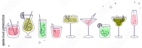 Cocktails drinks set in minimal line art style with various glasses beverages and garnishes modern hand drawn collection for bar menus restaurant design social media summer promotions .Vector graphics
