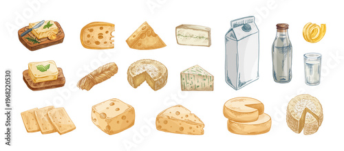 Hand drawn vintage sketch of dairy products set with butter cheese varieties milk detailed colored illustration collection