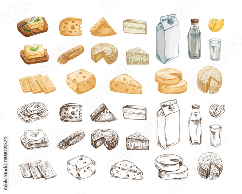 Hand drawn vintage sketch of dairy products set with butter cheese varieties milk colored and monochrome illustration collection