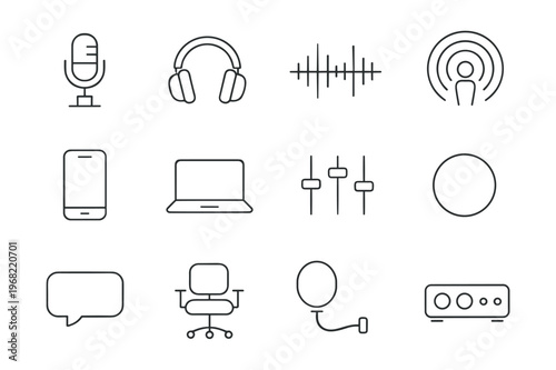 Collection of podcasting and audio recording equipment icons in a clean line art style