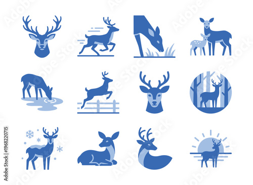 Collection of stylized deer icons in various poses and settings