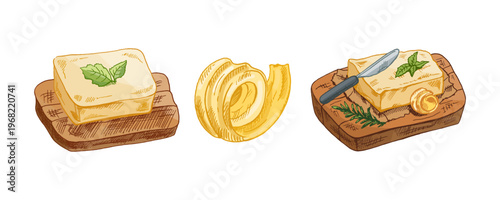Hand drawn vintage sketch of butter block curl and butter with knife on wooden board detailed dairy illustration set