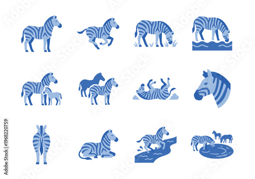 Collection of playful blue zebras in various poses and activities