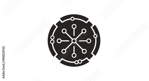 Abstract digital circuit design with connected nodes and lines.