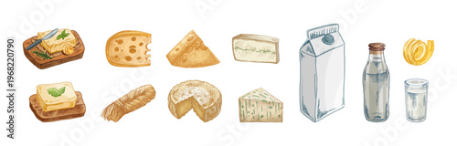Hand drawn vintage sketch of dairy products set with butter cheese slices milk detailed colored illustration collection