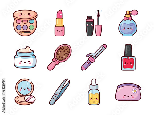 Cute kawaii collection of beauty and makeup items with happy faces