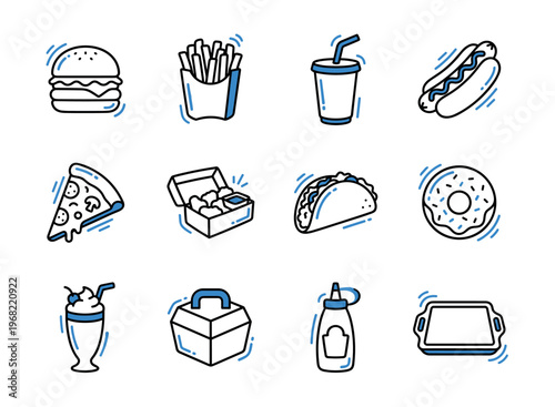 Collection of delicious fast food icons in a simple, modern cartoon style
