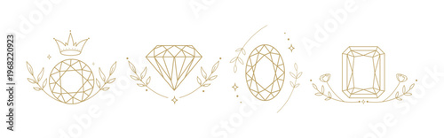 Minimal Diamond Logo icons Set in line art style with crown gemstone shapes and outline symbols for branding packaging web design beauty products fashion identity logos and premium business use.Vector