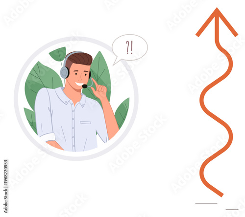 Customer support, communication, business growth, assistance, troubleshooting, service enhancement. A man wearing a headset speaking with question mark speech bubble. Customer support and business