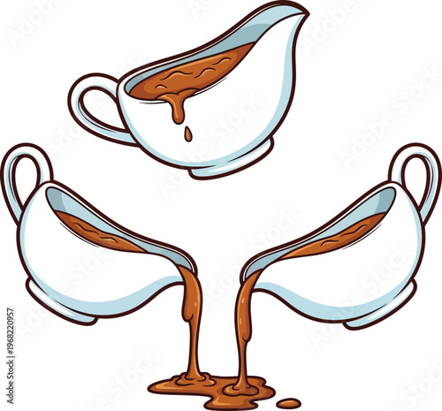 Vector illustration set of white gravy boats pouring brown sauce food