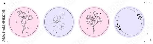 Minimal floral badge set with pastel circle backgrounds with delicate line art flowers butterflies for stickers branding packaging social media highlights invitations and feminine design. Vector