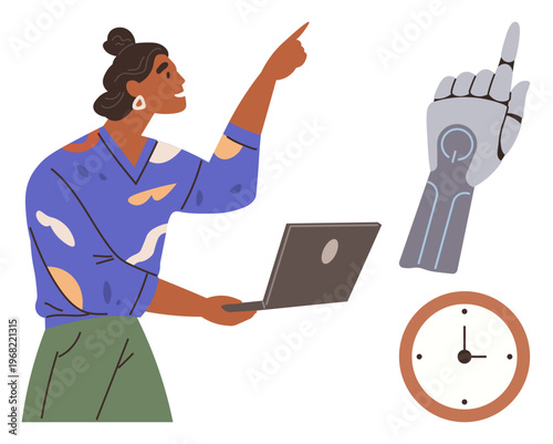 Artificial intelligence, future work, technology integration, human-robot collaboration, productivity, time management. Person with laptop pointing at robotic hand and clock. Artificial intelligence