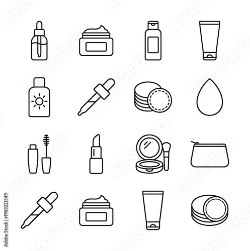 Collection of cosmetic and beauty product icons for skincare and makeup routines