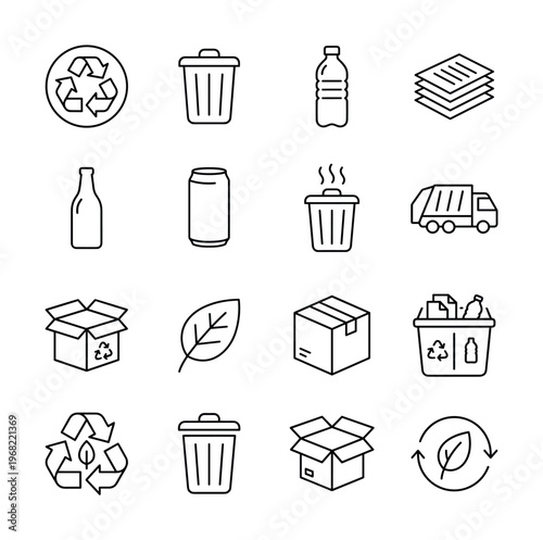 Collection of recycling and waste management icons for environmental awareness
