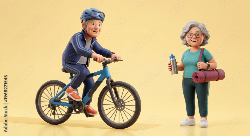 Fototapeta premium Heartwarming 3D illustration of an active elderly couple embracing a healthy lifestyle. A senior man rides a bicycle while a smiling woman holds a yoga mat and water bottle, representing fitness, well