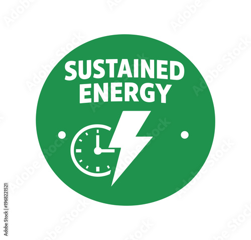 Sustained energy badge. clock, lightning bolt, long lasting power, endurance, reliable performance. flat vector illustration isolated on white background.