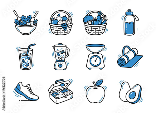 Healthy lifestyle icons for fitness, nutrition, and wellness