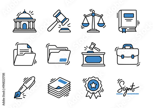 Collection of legal and justice icons representing court, law, and business documents