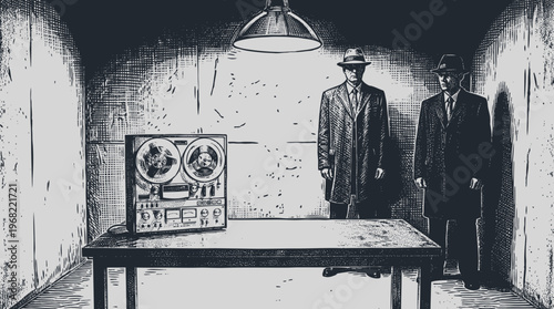 Vector illustration of two detectives in vintage suits and hats in a dark interrogation room with an old reel tape recorder on a table under a lamp.